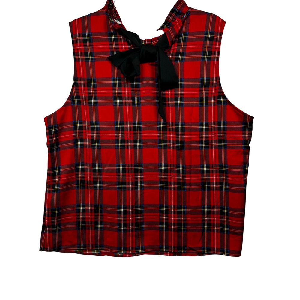 J.Crew‎ Womens Red Stewart Plaid Ruffle Neck Bow Back Sleeveless Top L